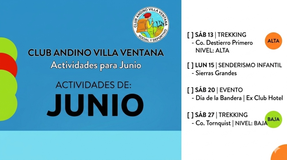 Conoce el cronograma de actividades, para el mes de junio, previsto por el Club Andino de Villa Ventana