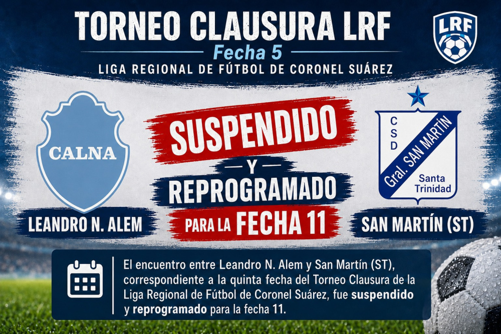LRF: Se suspendió Alem-San Martín (ST) y se reprogramó para la fecha 11