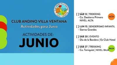 Conoce el cronograma de actividades, para el mes de junio, previsto por el Club Andino de Villa Ventana