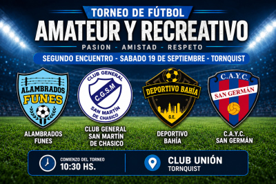 Este sabado: Tornquist ser&aacute; sede del segundo encuentro del Torneo de F&uacute;tbol Amateur y Recreativo