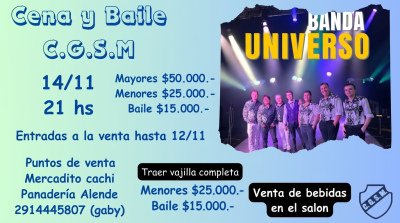 Ya estan a la venta las tarjetas para la cena y baile del Club General San Martin de Chasico