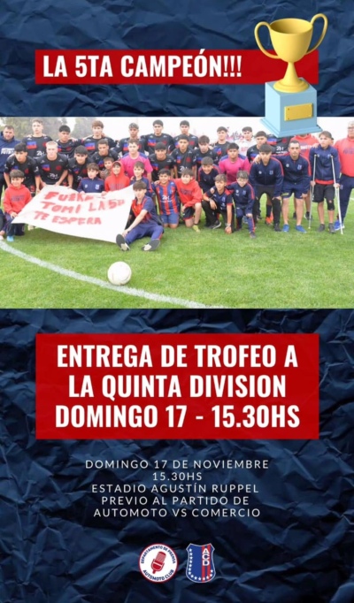 Este domingo, los chicos de la quinta divisi&oacute;n de Automoto recibir&aacute;n el trofeo de campe&oacute;n