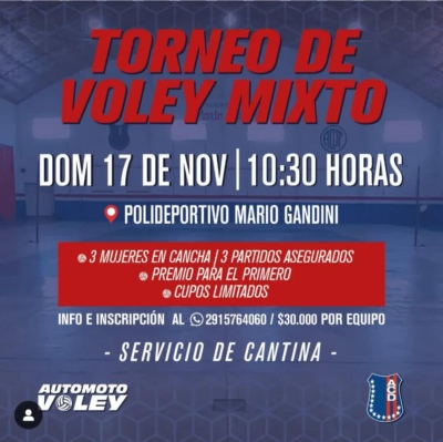 17 de noviembre: Torneo de v&oacute;ley mixto en el Automoto Club Deportivo