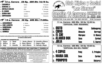 Programa provisorio del Club H&iacute;pico y Social Las Sierras de Tornquist para este domingo 16 de junio