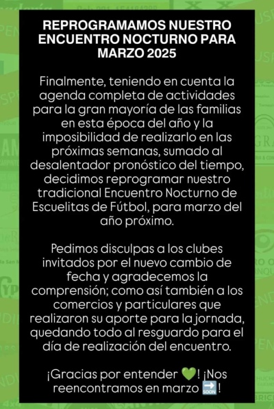 El Club Uni&oacute;n reprogramo su encuentro de escuelitas nocturno para marzo 2025