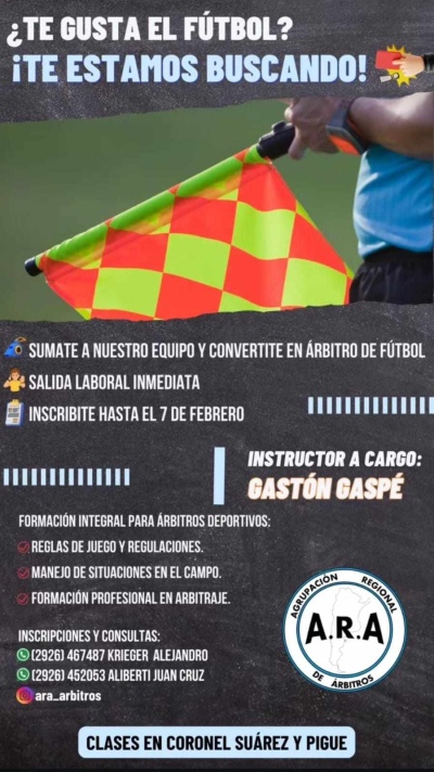 La Agrupaci&oacute;n Regional de &Aacute;rbitros te invita a sumarte a su equipo