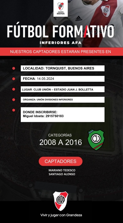 River Plate realizar&aacute; una prueba de jugadores en el Club Uni&oacute;n de Tornquist